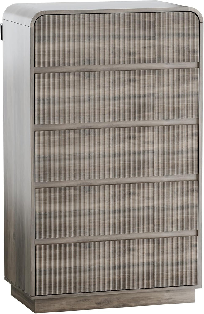 Grey Dresser Fluted Tall 5 Drawer Dresser , Wood Chest of Drawers with Hidden Handles & Rounded Corners, Modern