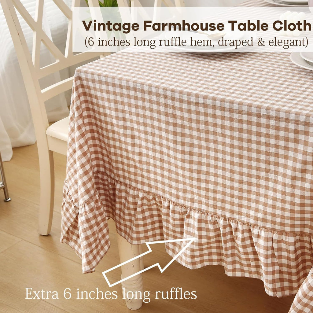 Taupe White Gingham Ruffled Table Cloth Rectangular for Seat 8-10, 100% Washed Cotton Buffet Cottage