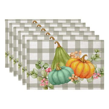 Fall Placemats Set of 4, 12"x18" Linen Place Mats, Plaid Pumpkin