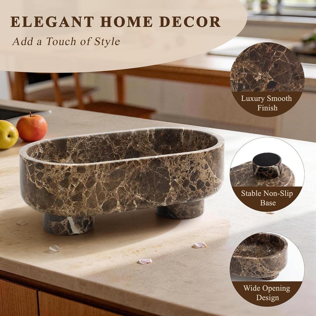 Natural Oval Marble Fruit Bowl, Two-Legged Decorative Bowl Dark Brown | 10" Large Handcrafted Marble Catchall Bowl