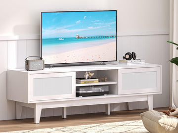 59" TV Stand for 55 65 Inch TVs, Rattan Entertainment Center, White