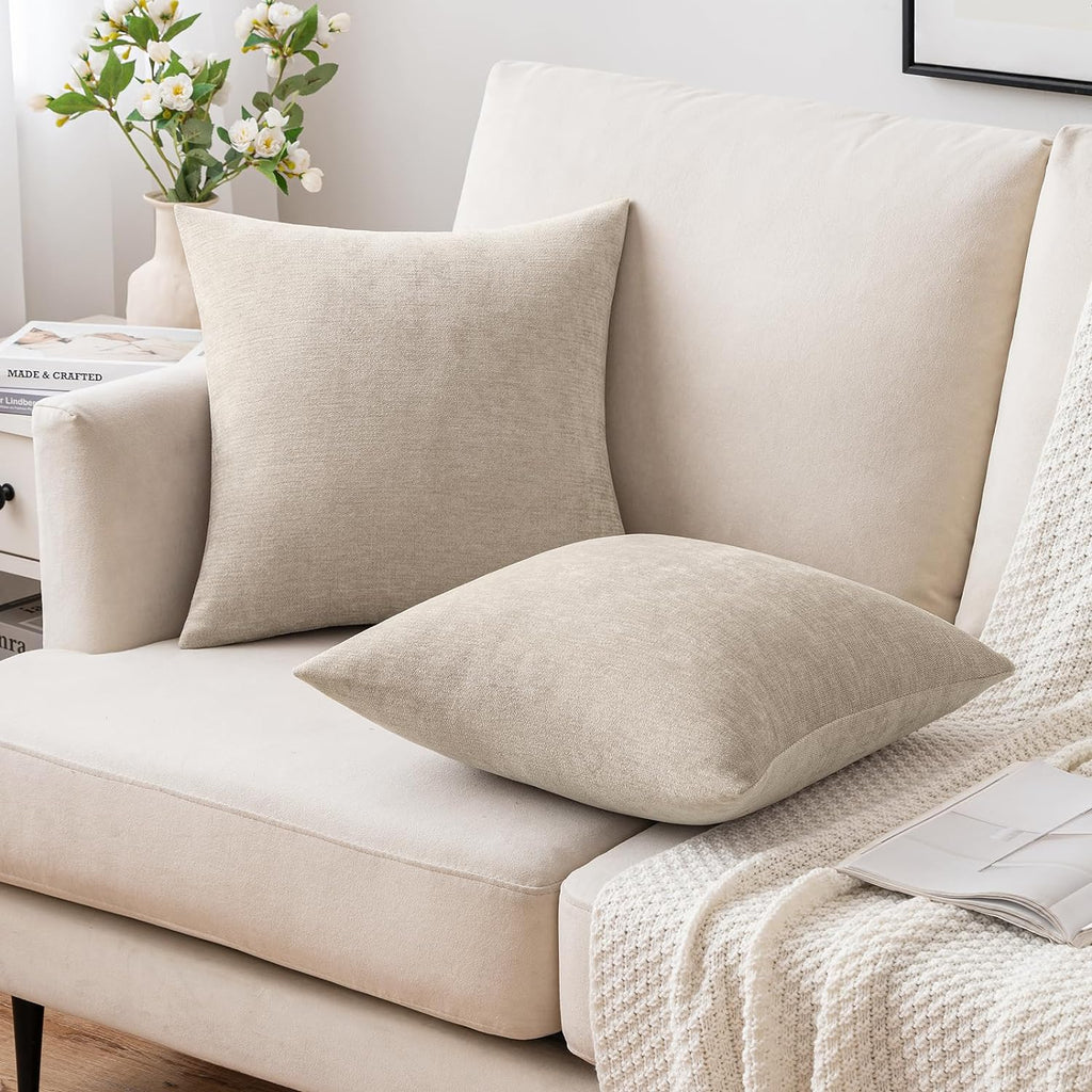 Pack of 2 Beige Decorative Pillow Covers 18x18 Inch Soft Chenille Couch Throw Pillows Farmhouse Cushion Covers