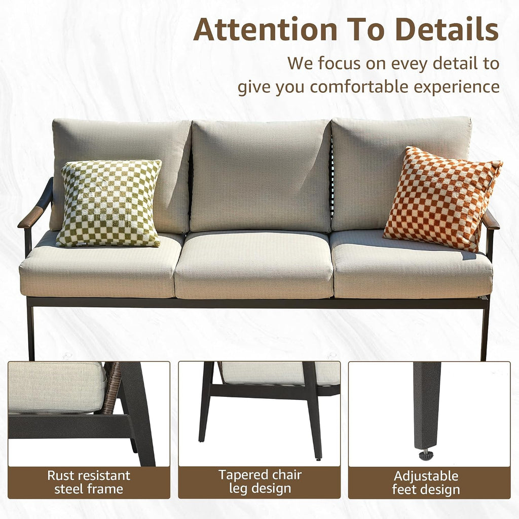 3-Seat Patio Couch Sofa, Wicker Back, Woodgrain Arm | Metal Outdoor Sofa with Adjustable Feet, Natural Wood-garin