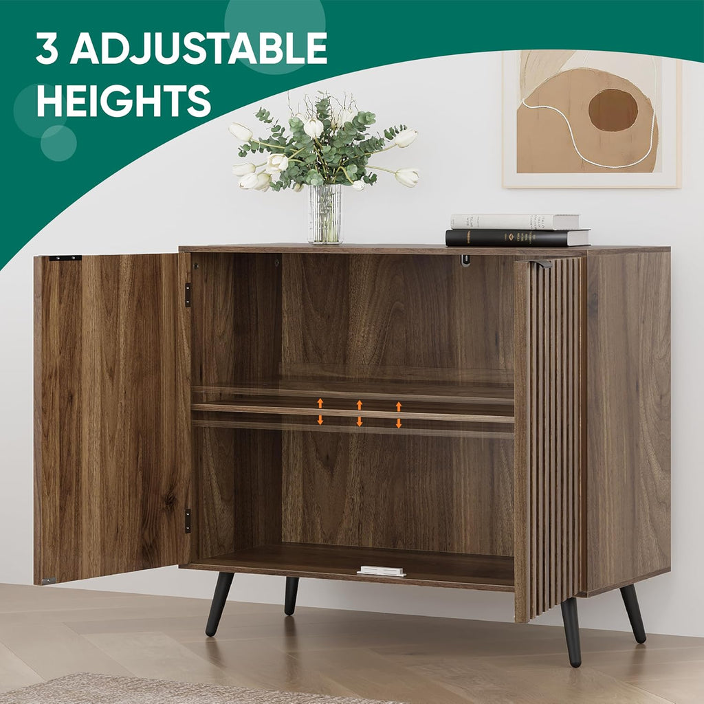 Fluted Sideboard Cabinet, Freestanding Walnut Buffet Cabinet with Adjustable Shelf, Wood Storage Cabinet