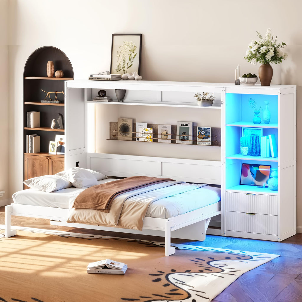 Queen Size Horizontal Murphy Bed with Desk & Side Cabinet, White