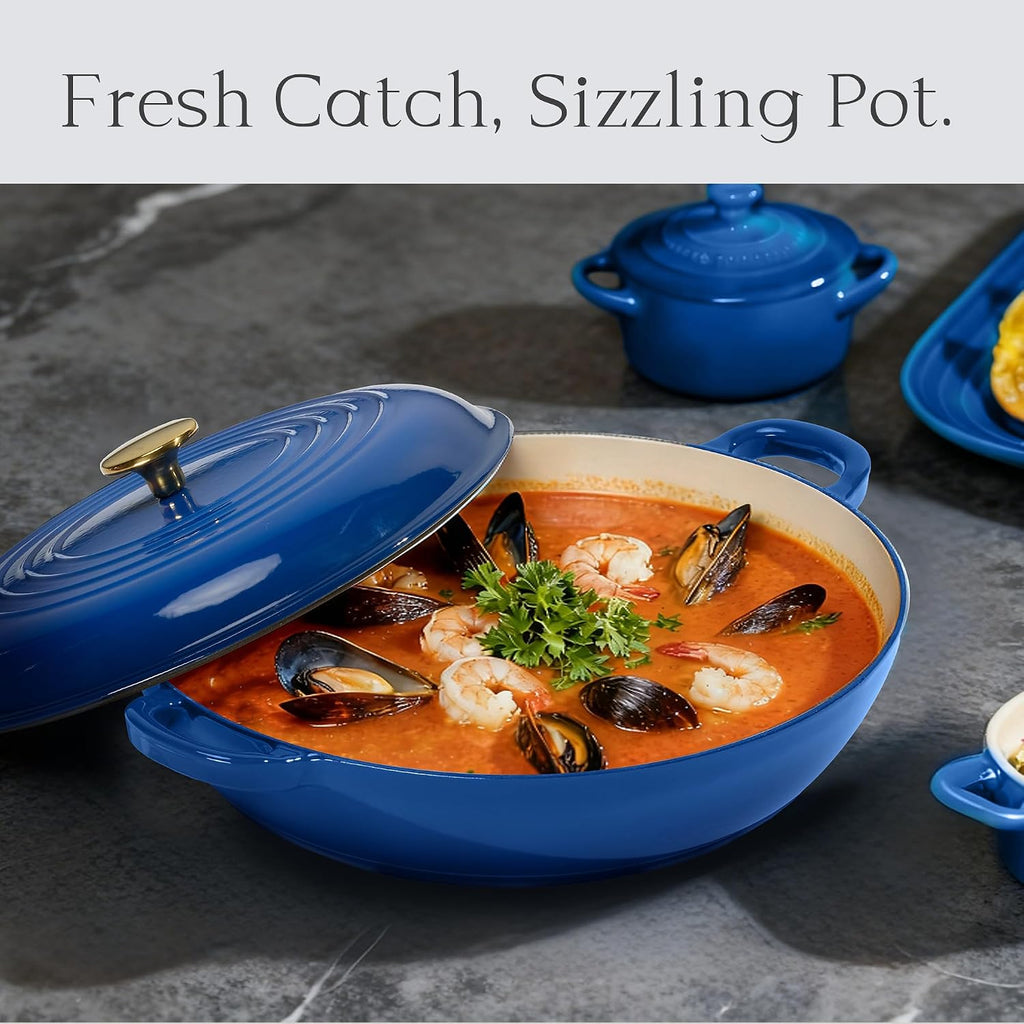3.4QT Enamel Cast Iron Cookware, Skillet with Lid, Blue Dutch Oven | Shallow Round Braiser Pan Oven Safe, Non-Toxic