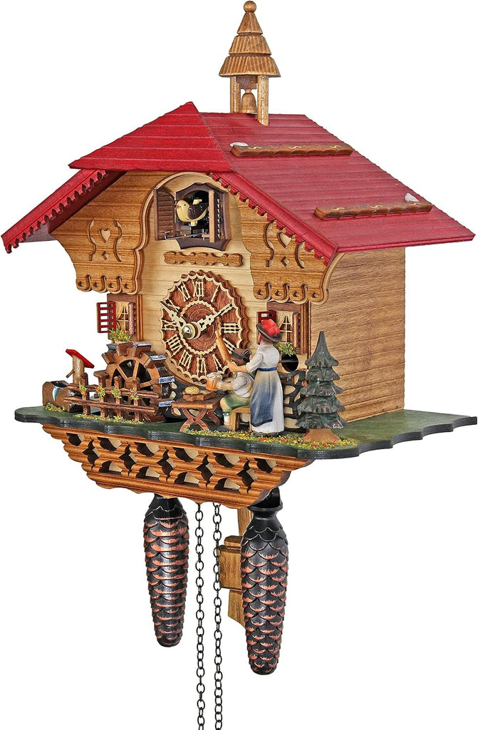 Trenkle Quartz Cuckoo Clock Black Forest House with Moving Black Forest Woman and Mill Wheel, with Music TU 4215 QM