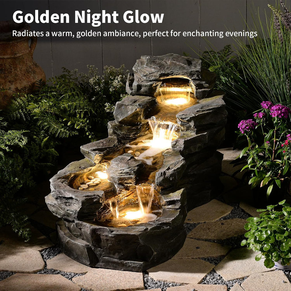 37" L Garden Outdoor Water Fountain, Floor Standing 5-Tiers Rock Natural Waterfall Outdoor Fountains with LED Lights