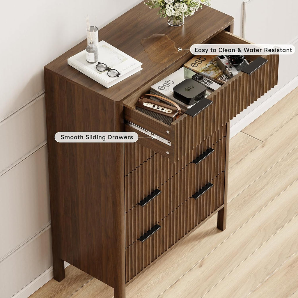 47 Inch Tall Dressers Fluted 5 Drawer Dresser, Wooden Dresser Modern Chest of Drawers Dressers with Organizer Storage