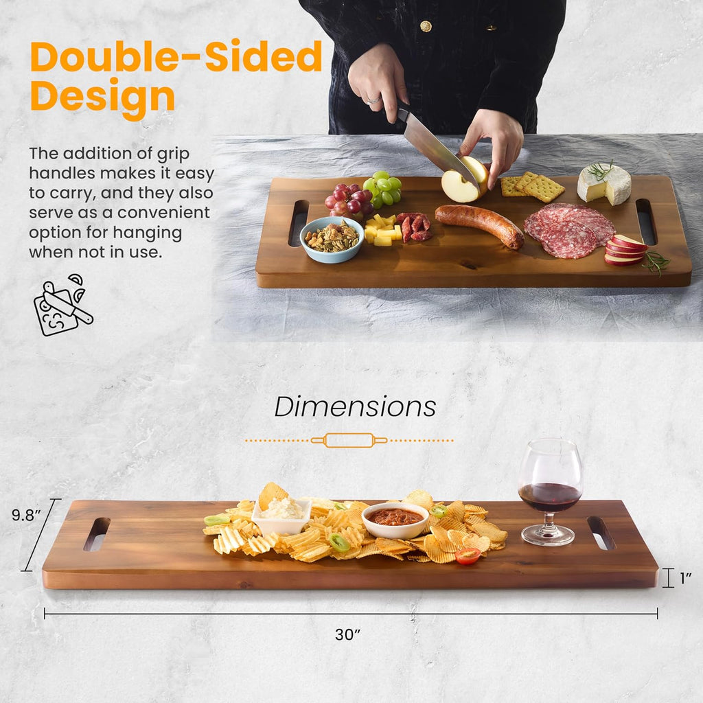 30" Large Acacia Wood Charcuterie Board, Built-in Handles, Raw Edge | Dual-sided Design, Extra Long Wooden Serving