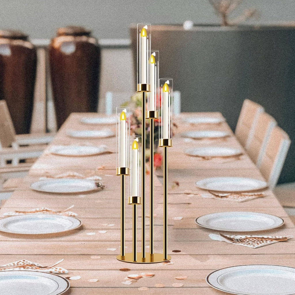 Candelabra Gold Centerpiece 5 Arms Taper Candle Holder Gold Centerpiece with Acrylic Tubes for Table Decoration