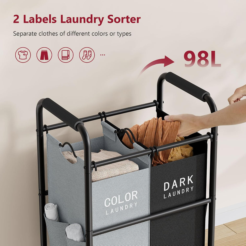 2 Bag Laundry Sorter Cart, Black & Grey | 50lbs Large Capacity, Removable Laundry Bags, Heavy Duty Lockable Rolling