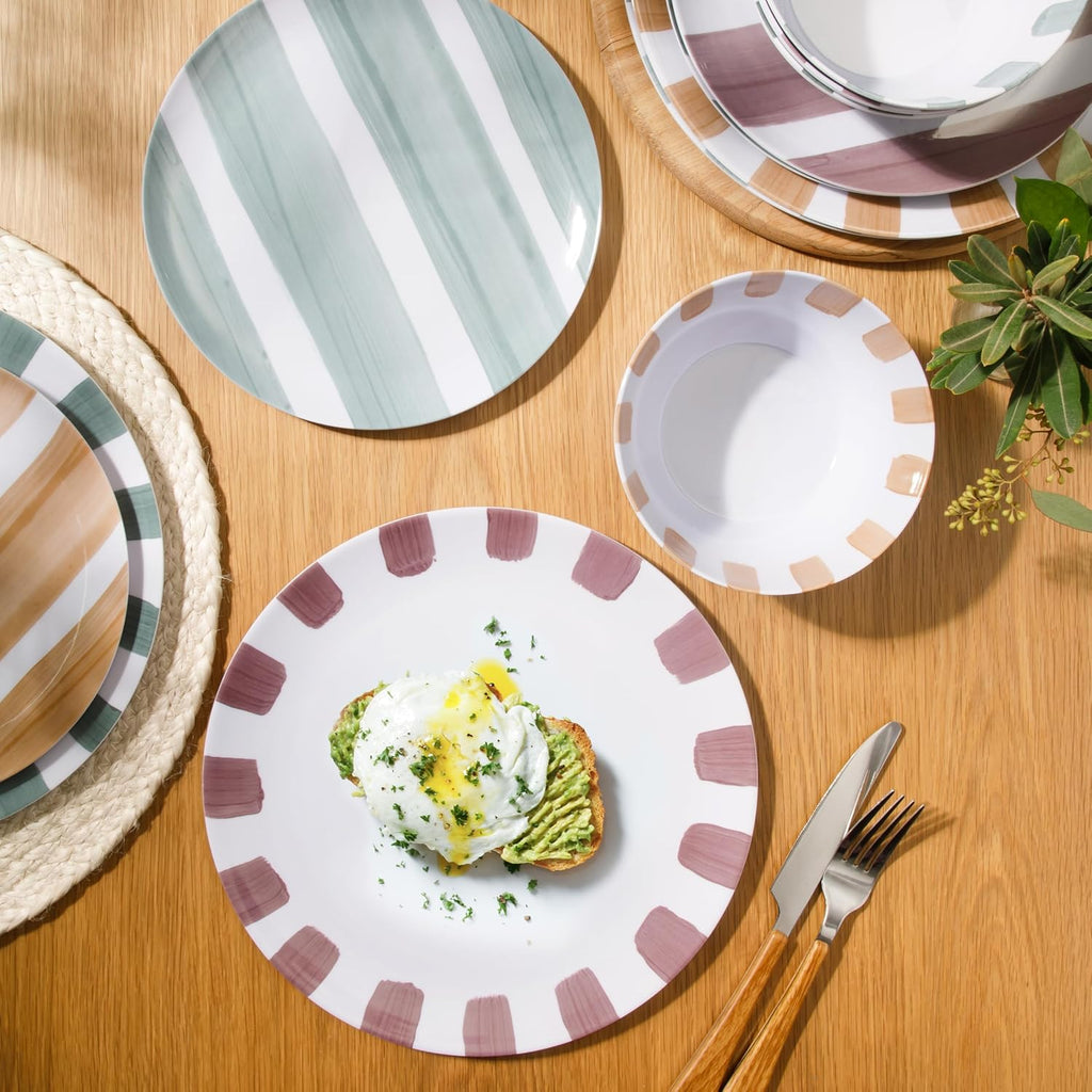 Cottage Stripes 12-Piece Melamine Plates and Bowls Dinnerware Set - Outdoor, Camping, & Everyday Use - Assorted Colors