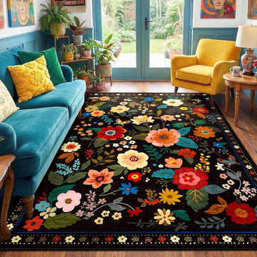 Floral Washable Area Rugs Black