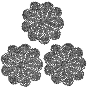 3 PCS 8 Inch Lace Doilies Tea Cup Coasters Handmade Crochet Daisy Flower Placemats (Deep Grey)