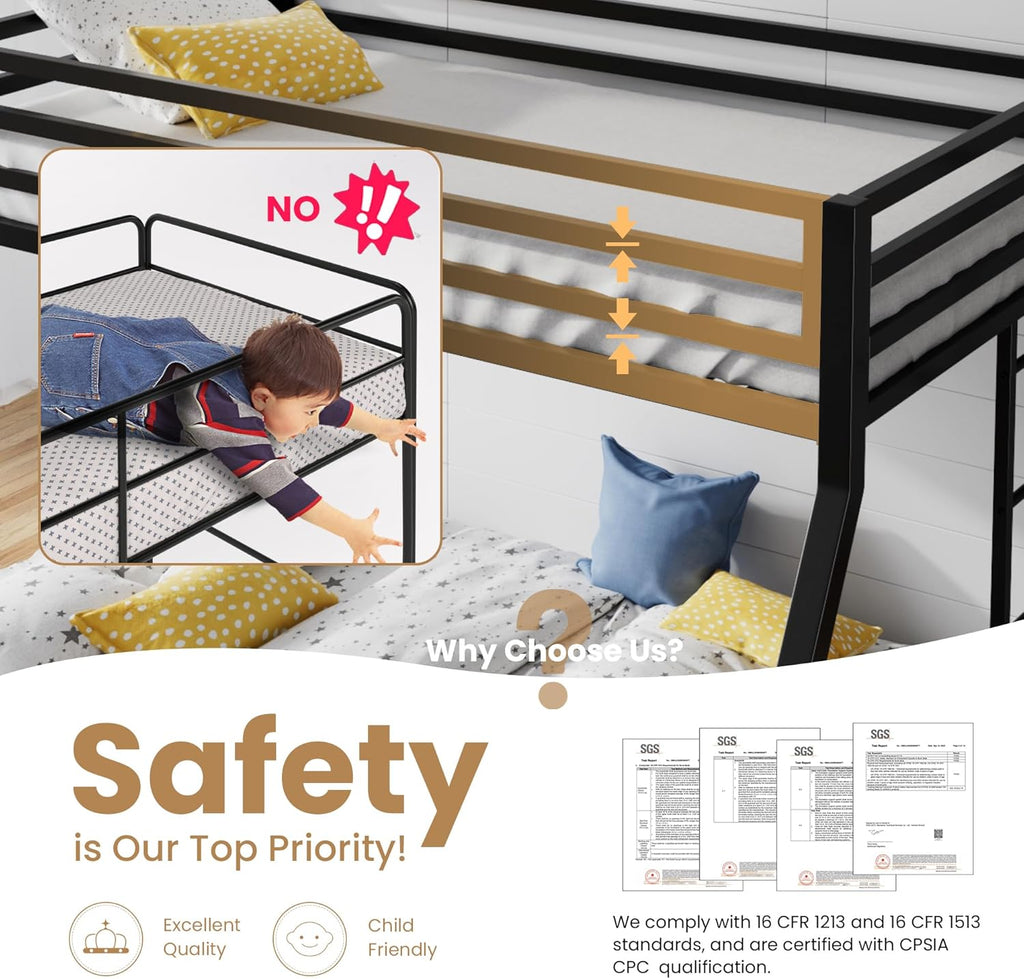 Loft Bunk Bed Twin Over Full with Ladder and Guardrail,Heavy Duty Metal Slats Support No Box Spring Needed Small Space