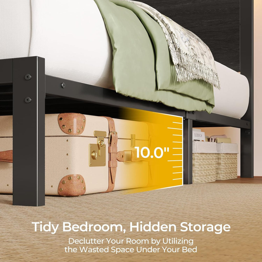 Full Bed Frame with Charging Station, LED Full Bed Frame with Wood Storage Headboard