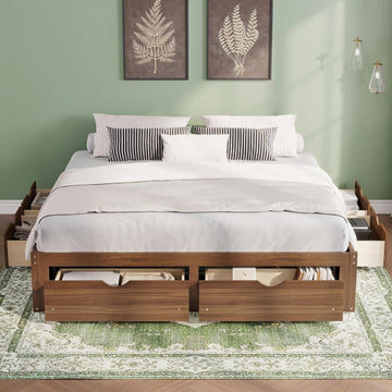 Japanese King Wood Bed Frame with 6 Storage Drawers
