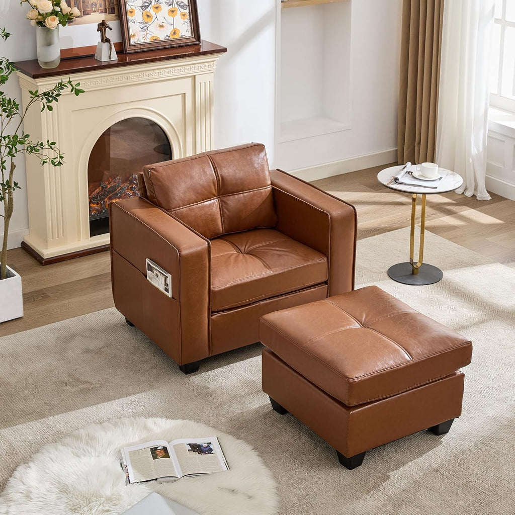Modern Chaise Lounge Chair and Ottoman — Leather