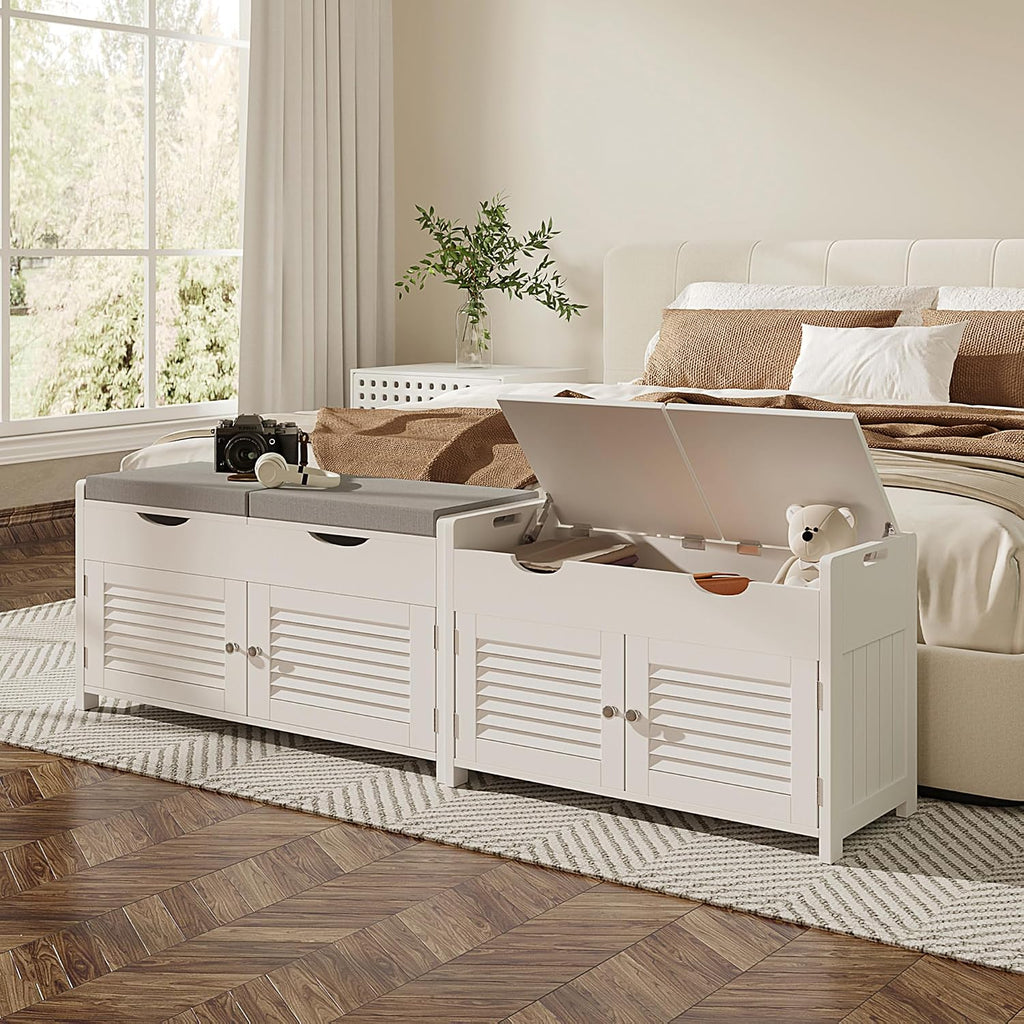 Shoe Storage Bench with Lift Top Storage, Entryway Bench with 2 Cushioned Seats, 3 Compartments, Adjustable Shelf