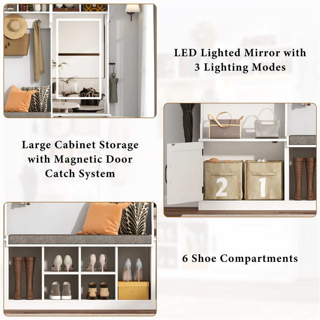 86.6''W Extra Large Farmhouse Hall Tree with Mirror Bench and Shoe Storage, Entryway Bench with Coat Rack, 6 Shoe