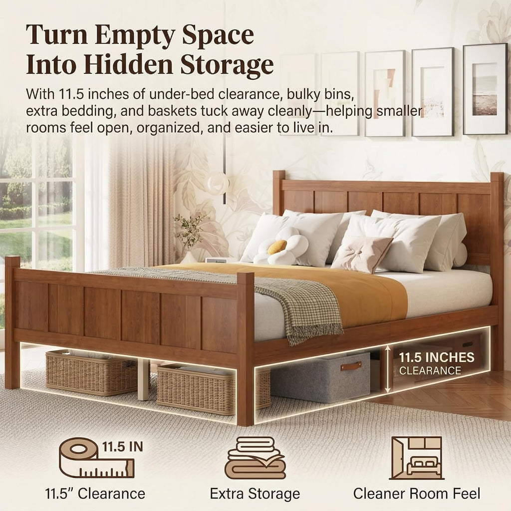 Twin Platform Bed Frame with Headboard & Footboard, Modern Farmhouse Wood Grain Flat Panel Bed for Kids, Teens, Small