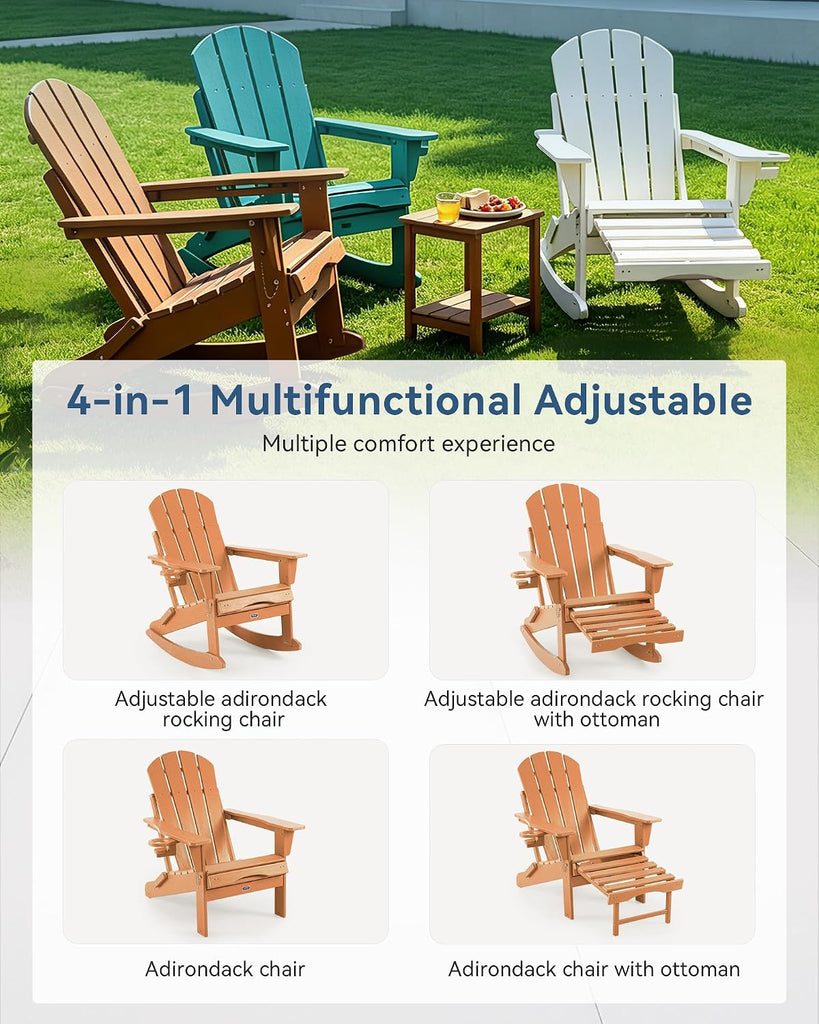 Adjustable Adirondack Rocking Chair with Retractable Ottoman, 4-in-1 Multifunctional Folding Patio Chair with Cup