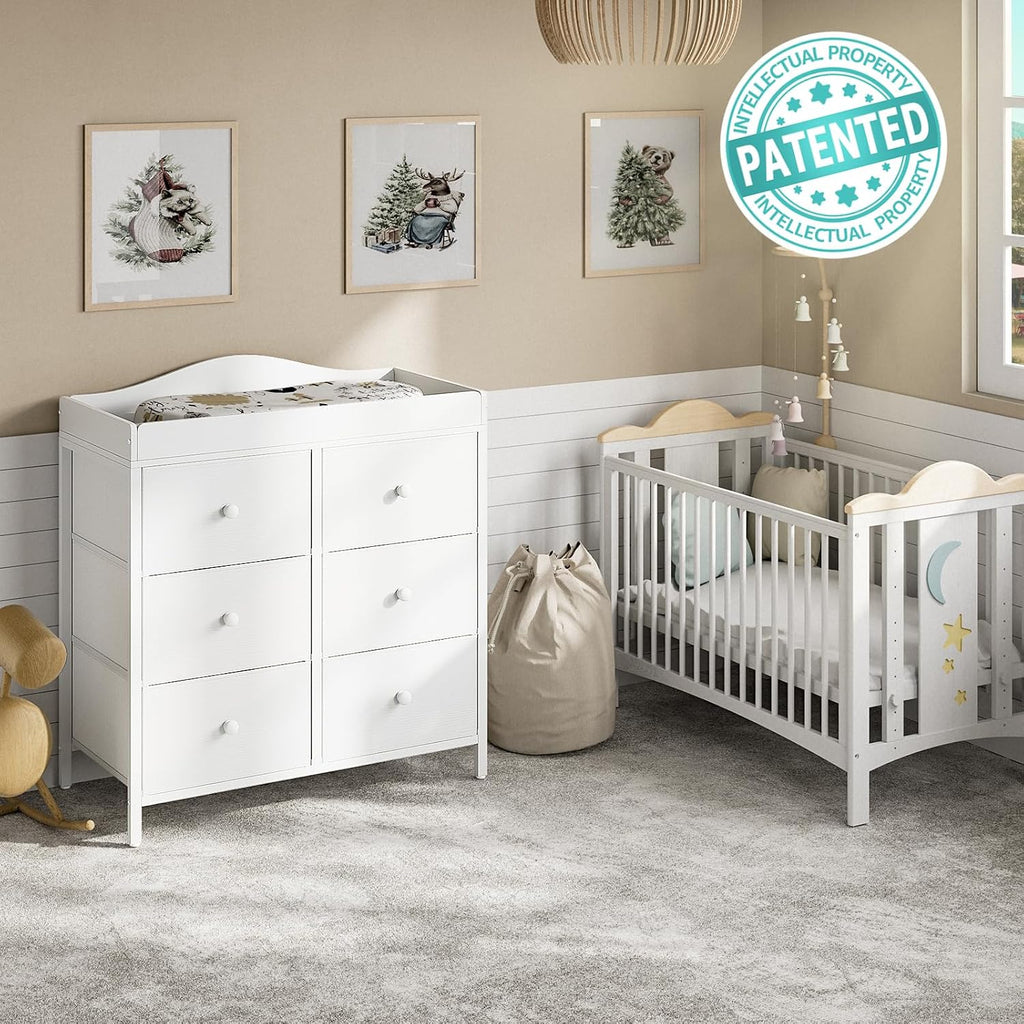 White Changing Table Dresser with 6 Drawers Baby Dresser with Changing Table Top Diaper Changing Station with Storage