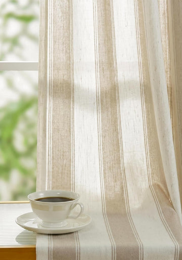Beige Stripe Pinch Pleated Curtains, Linen Blend Light Filtering Gingham Drapes with Memory Pleats for Living Room Bedroom, 2 Panels