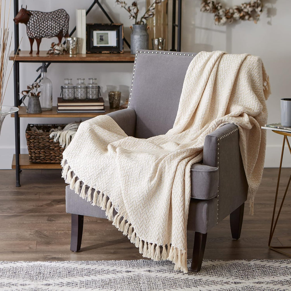 Modern Zig Zag Throw Blanket Woven Cotton, Hand-Knotted 2.5" Fringe, 50x60, Natural