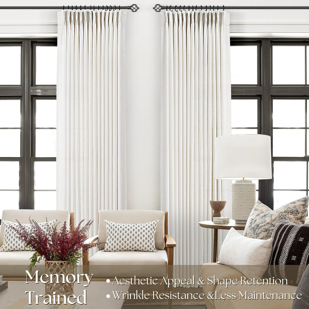 Memory Trained Pinch Pleated Linen Curtains with Hooks Living Room 2 Panels