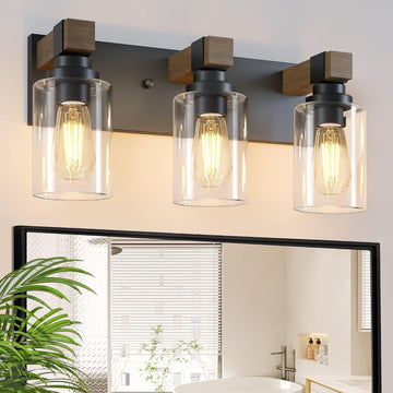 Farmhouse 3-Light Bathroom Vanity Light Fixtures, Black and Wood | 18.8′′ Rustic Matte Black Metal Frame, Clear Glass