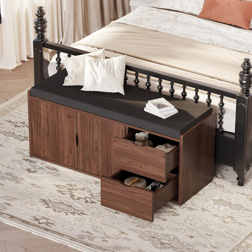 40" Entryway Storage Bench with Padded Seat Cushion, Wood Hidden Shoe Organizer Bench with 2 Drawers Cabinet