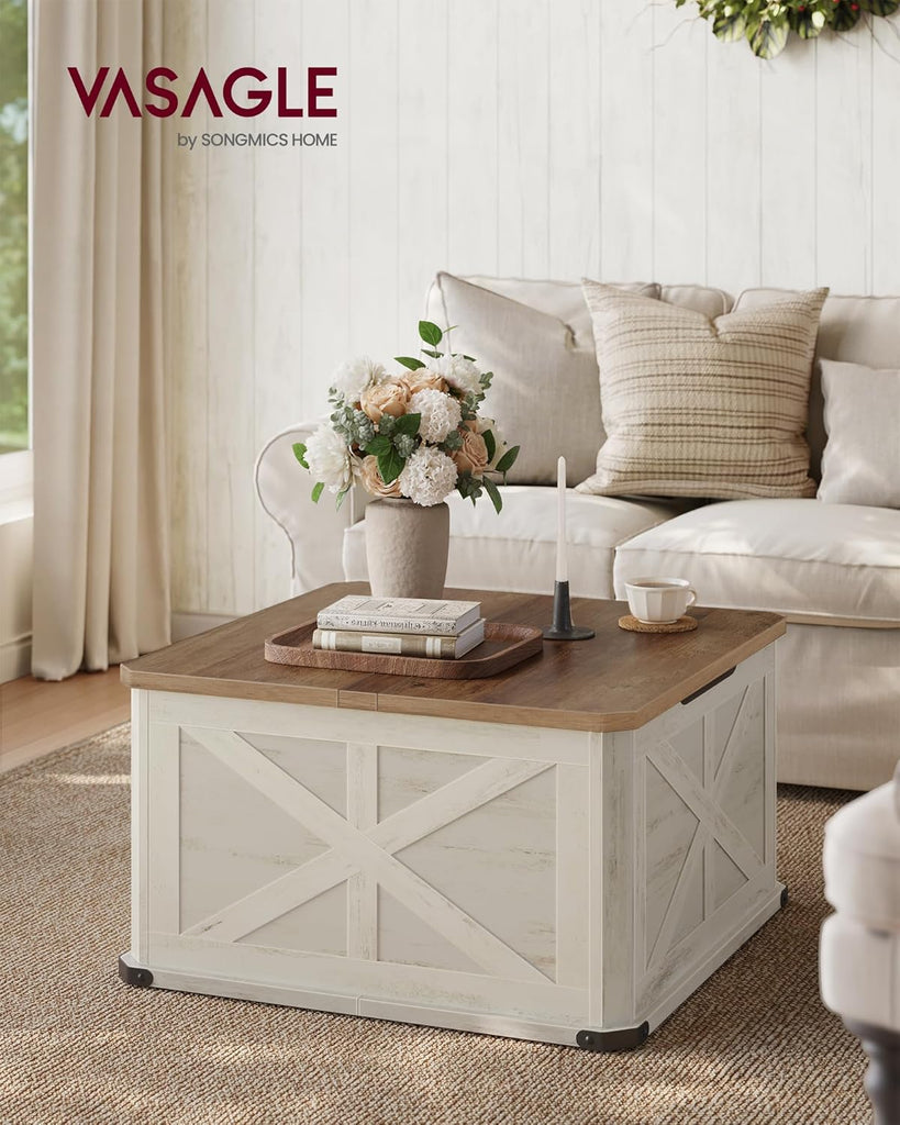 Collection - Farmhouse Coffee Table with Storage, Square Center Coffee Table, with Hidden Compartment