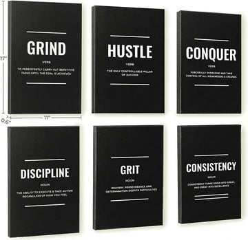 Black and White Motivational Canvas Wall Art Set of 6 - Framed Gallery-Wrapped Prints for Men, Office, Bedroom &