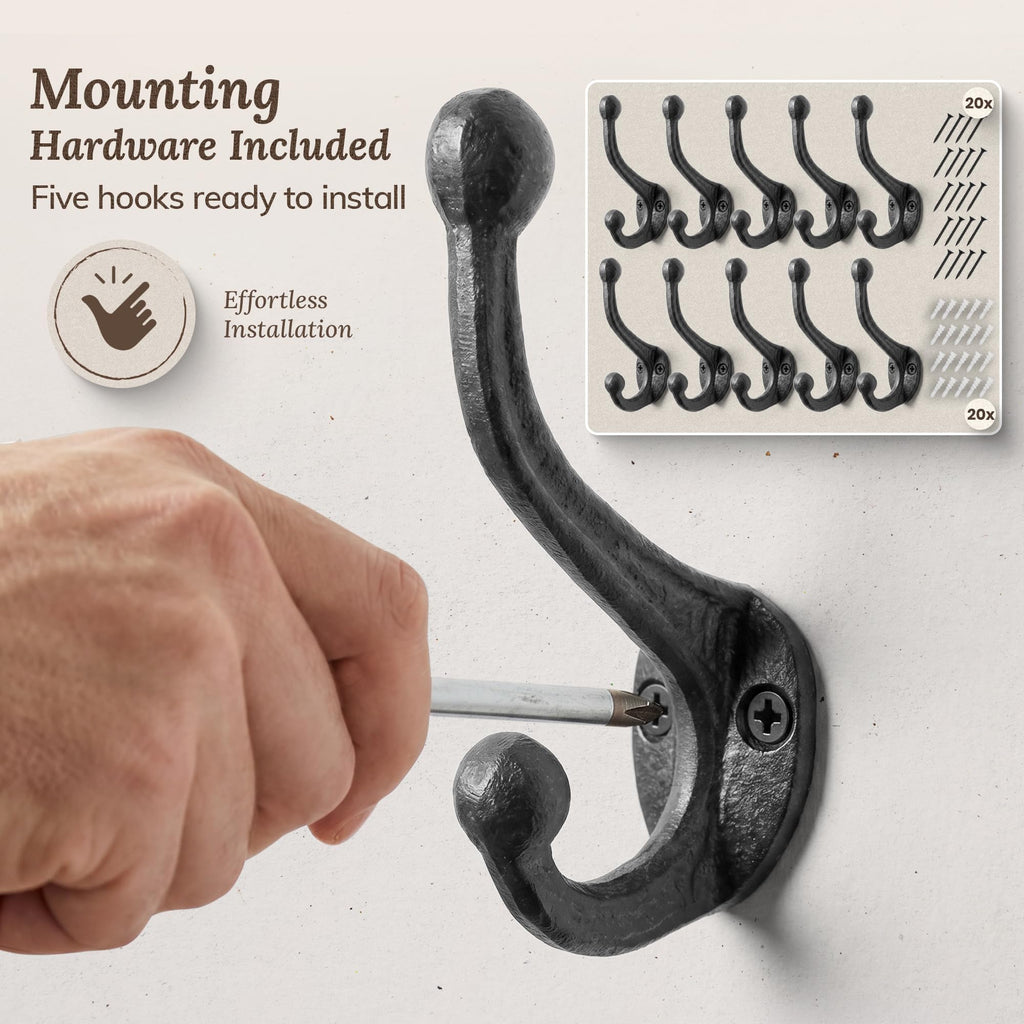 Rustic Cast Iron Coat Hooks (10 Pack) Wall Mounted Farmhouse Decorative Wall Hooks, Vintage Hooks for Hanging Coats