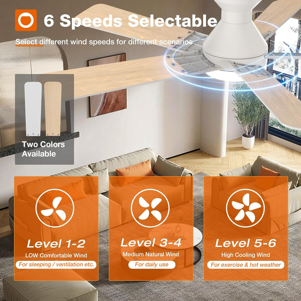 Ceiling Fans with Lights, 52 inch Low Profile Ceiling Fan with Light and Remote Control, Flush Mount, Reversible, 3CCT, Dimmable, Noiseless, White Ceiling Fan for Bedroom, Indoor/Outdoor Use