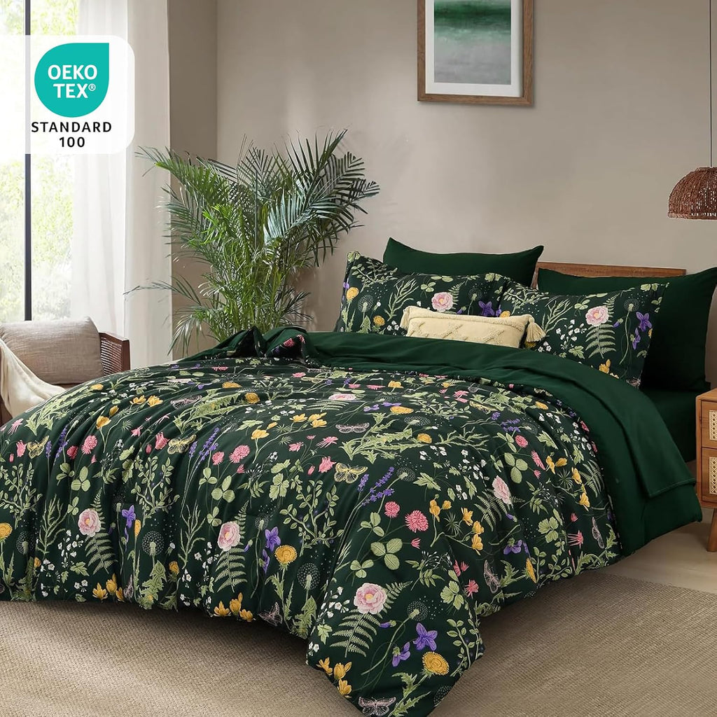 Queen Comforter Set 7 Piece, Dark Green Floral Bedding Set, Bed in a Bag Queen with Botanical Flowers Patterns, Soft - Set of 7