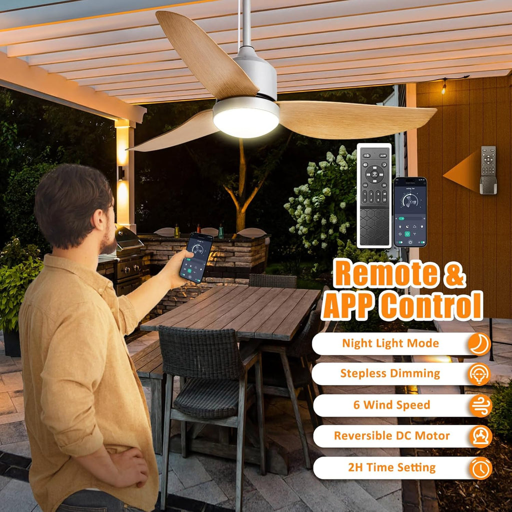 42 Inch Nickel Waterproof Gazebo Fans with Lights Outdoor Hanging - Plug in Remote App Control for Patio Indoor Farmhouse Porch - 6 Speed Reversible DC Motor