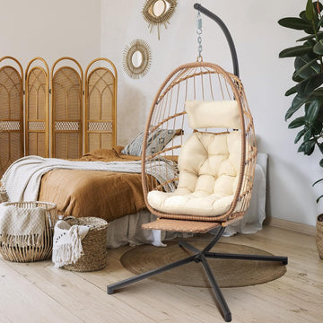 Hanging Egg Chair with Stand and Footrest for Indoor Outdoor, Begie | Wicker Egg Swing Chair with Aluminum-Steel