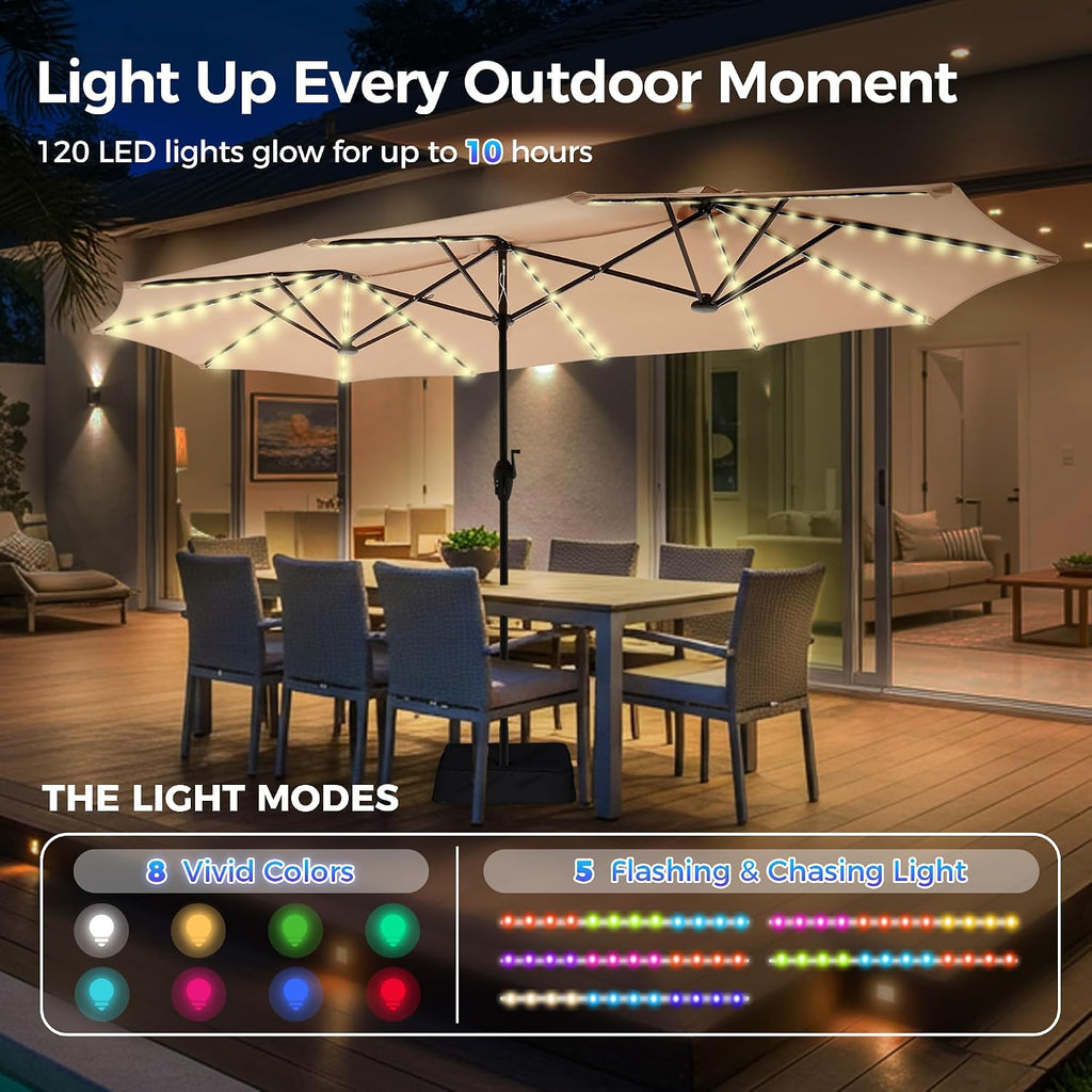 13ft Outdoor Patio Umbrella with Solar Lights, Double-sided Deck Pool Umbrella with 1.5 Inch Pole