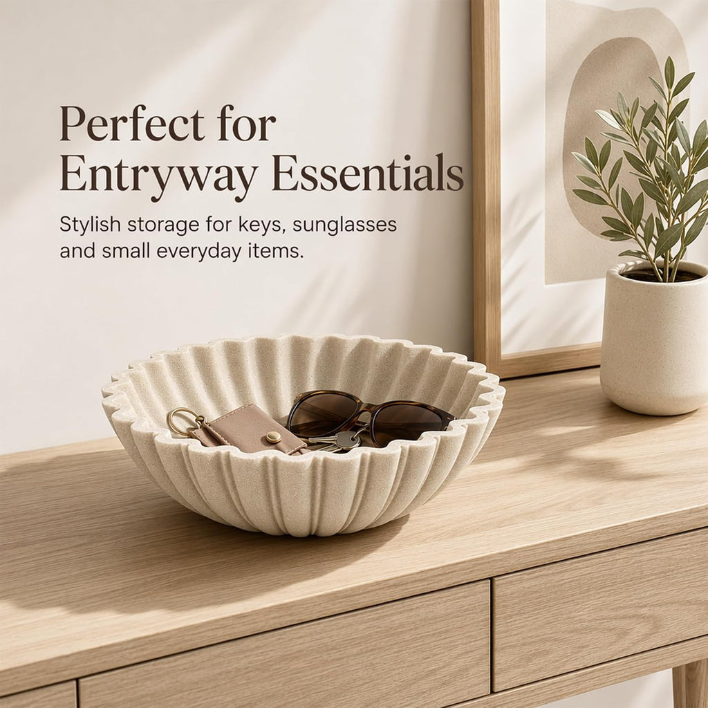 Decorative Bowl Decor, 10.6" Large Modern Beige Scalloped Fruit Bowl for Coffee Table, Entryway Table, Kitchen