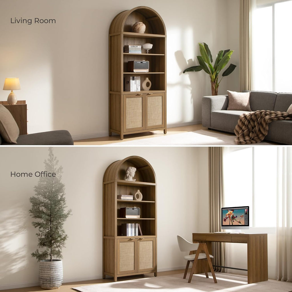 Book Shelf Arched Cabinet Bookshelf Arch 84.2" Tall Bookcase 5 Tier Large Bookshelves with Doors Storage Rattan Boho