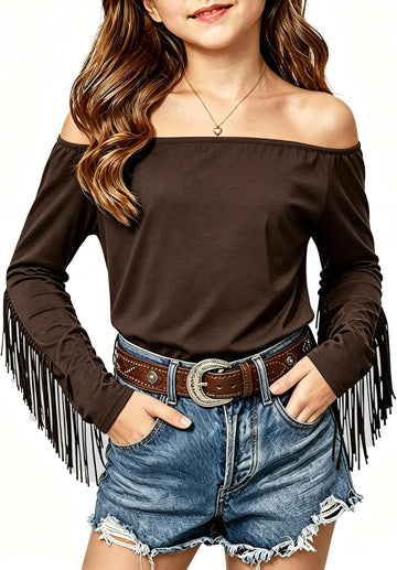 Cowgirl Outfits for Girls Western Shirt Long Sleeve Off the Sholder Fringe Top Country Concert Rodeo Outfit