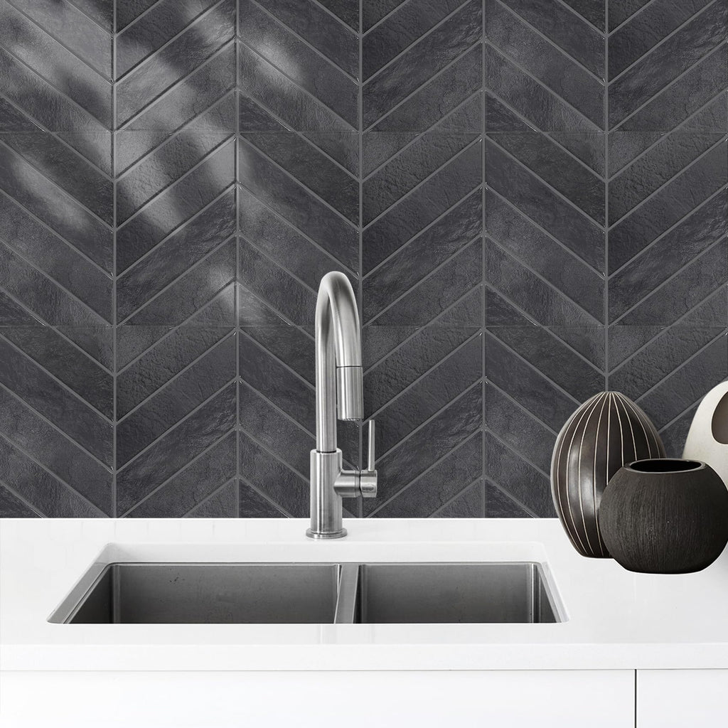Herringbone Peel and Stick Backsplash, Shiny Black, 10 Sheets