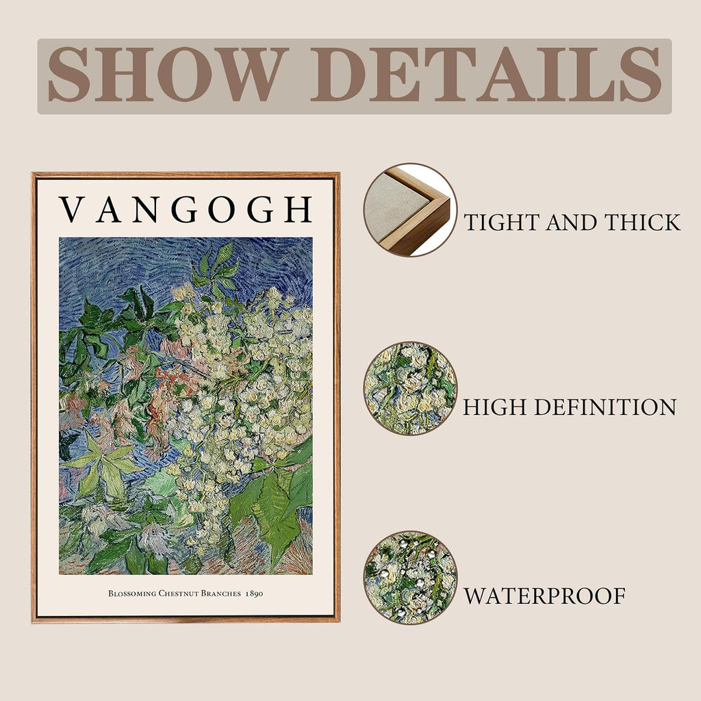 Van Gogh Framed canvas Wall Art,Blossoming Chestnut Branches Painting Picture Reproduction Room Decor,Famous Art