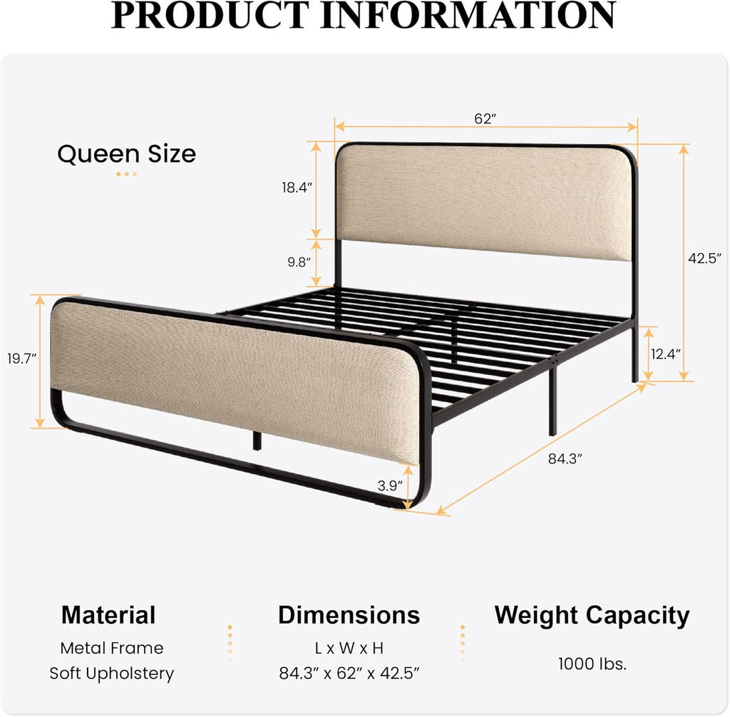 Queen Platform Metal Bed Frame with Curved Upholstered Headboard and Footboard, Large Under Bed Storage