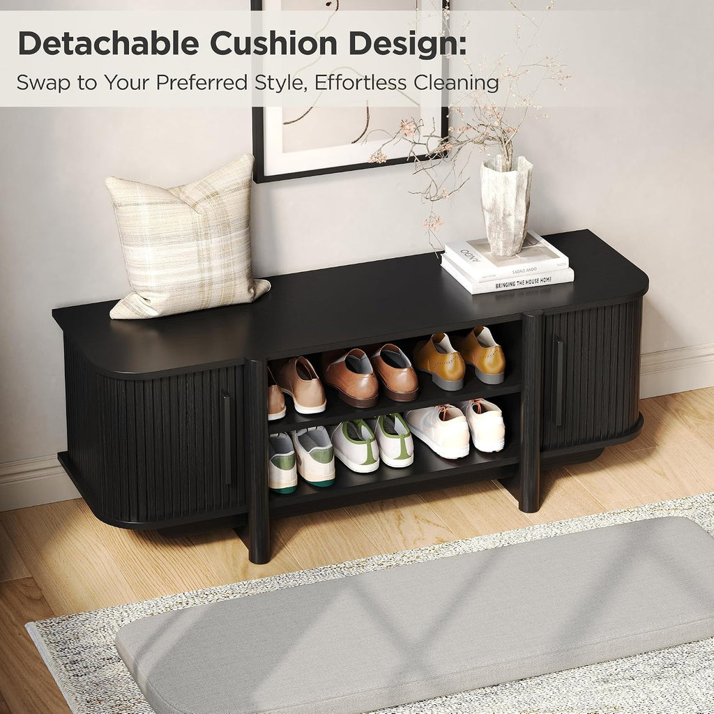 Entryway Shoe Storage Bench with Sliding Doors, 2-Tier Upholstered Shoe Rack Bench with Hidden Storage, Wooden Shoe