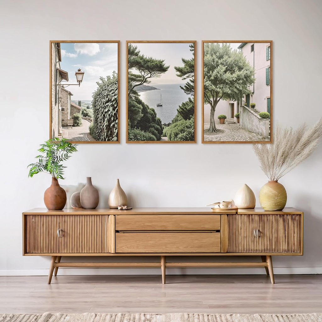Neutral Italy Cityscape Gallery Framed Wall Art(16"x24"), 3PCS Vintage Mediterranean Countryside Landscape Canvas