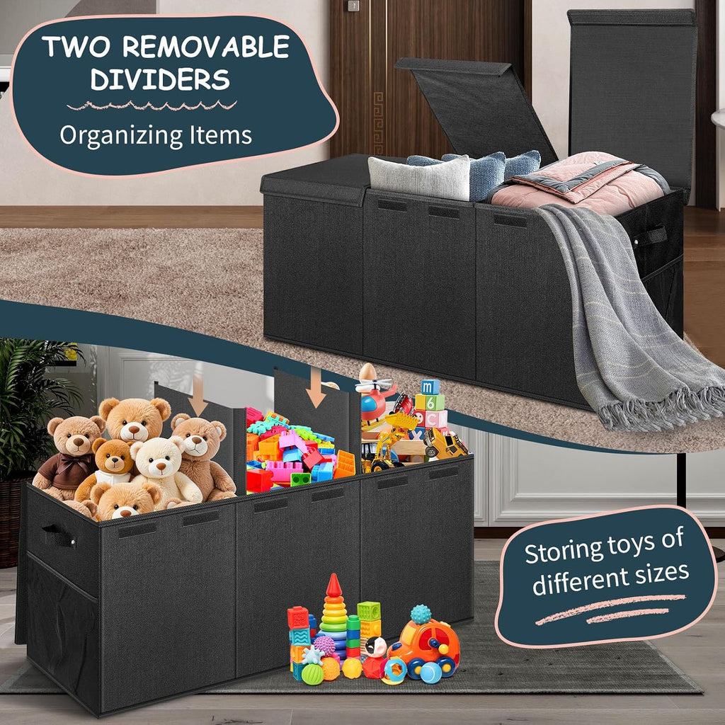 Extra Large Toy Box with Lids, Collapsible Storage Bin, 38"x16"x14",Black | Sturdy Chest Basket with Dividers for